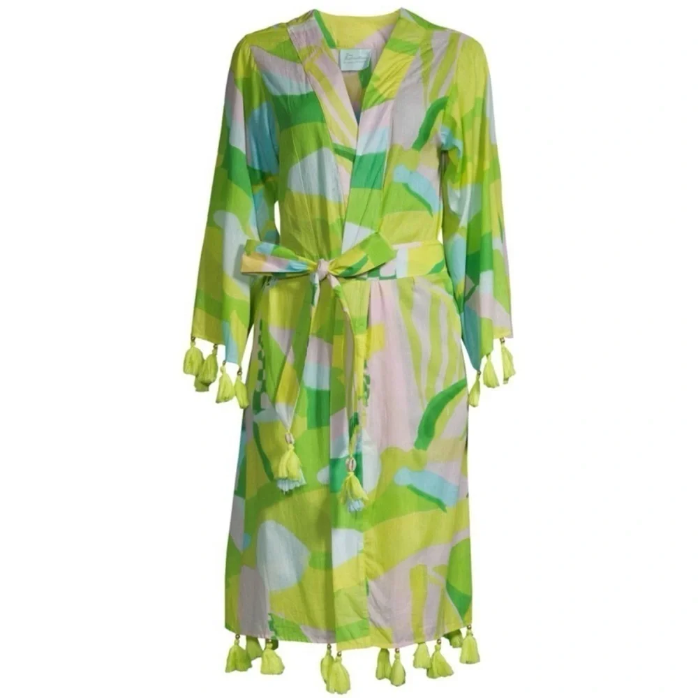 True Destinations 100% Cotton Bright Printed Tassel Trim Cover Up Robe Belt Sz L